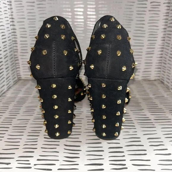 SCHUTZ Dionise Heels Size 8.5 Black Nubuck Gold Stud Spike Open Toe Block Strap