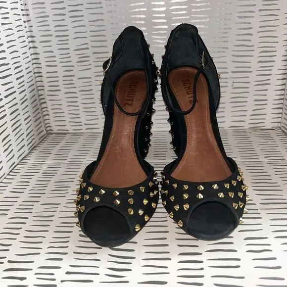 SCHUTZ Dionise Heels Size 8.5 Black Nubuck Gold Stud Spike Open Toe Block Strap