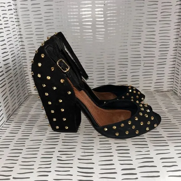 SCHUTZ Dionise Heels Size 8.5 Black Nubuck Gold Stud Spike Open Toe Block Strap