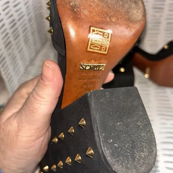 SCHUTZ Dionise Heels Size 8.5 Black Nubuck Gold Stud Spike Open Toe Block Strap