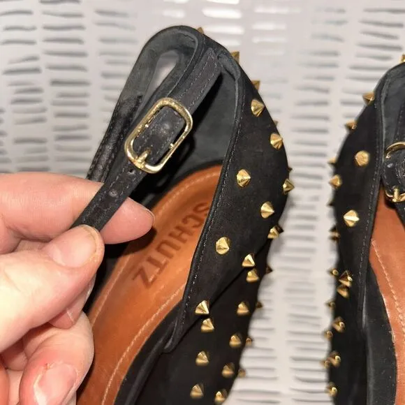 SCHUTZ Dionise Heels Size 8.5 Black Nubuck Gold Stud Spike Open Toe Block Strap