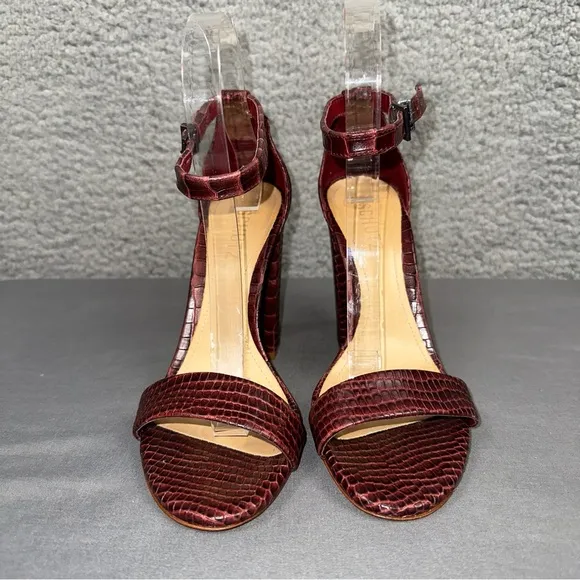 Schutz Womens Shoes Croc Embossed Black Heel Burgundy 7.5B Ankle Strap Sandals