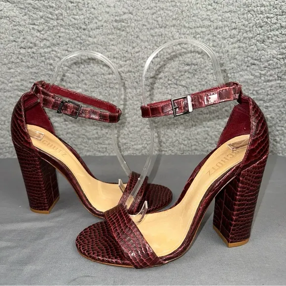 Schutz Womens Shoes Croc Embossed Black Heel Burgundy 7.5B Ankle Strap Sandals