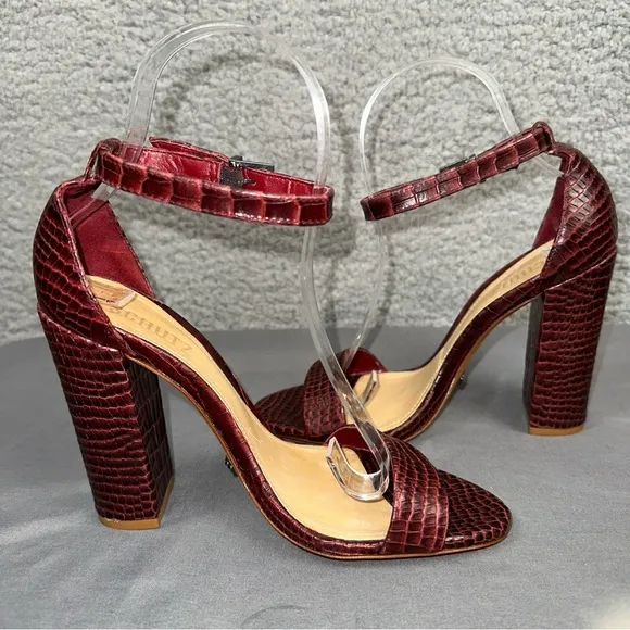 Schutz Womens Shoes Croc Embossed Black Heel Burgundy 7.5B Ankle Strap Sandals