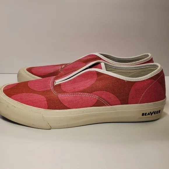 SeaVees Sunset Strip Cabana Sacriet Sneakers Pink Red Polka Dot Slip On, sz 9