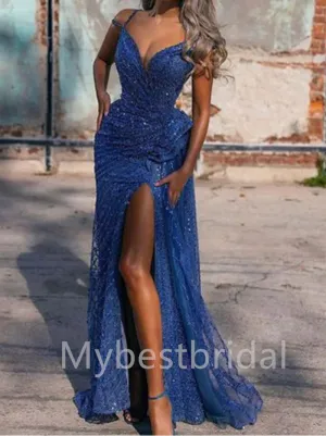 Sexy V-neck Spaghetti straps Side slit Mermaid Prom Dresses, PDS0429