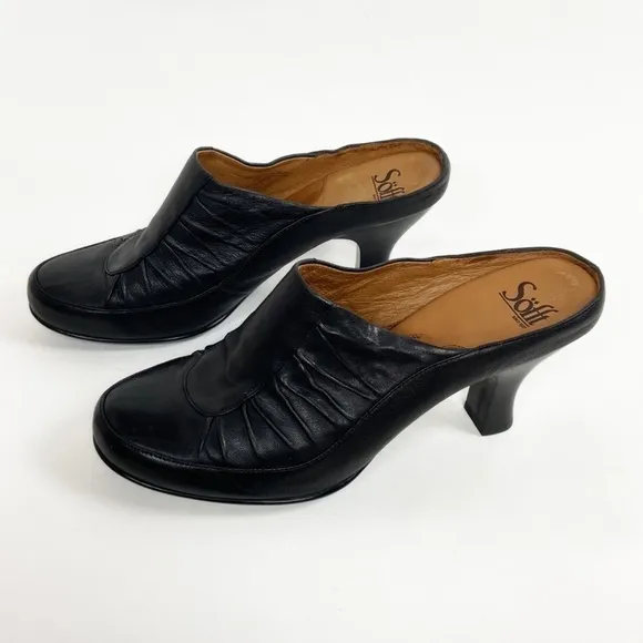Sofft Leather Ruched Black Slip On Mules Closed Toe Heels Open Back Pumps