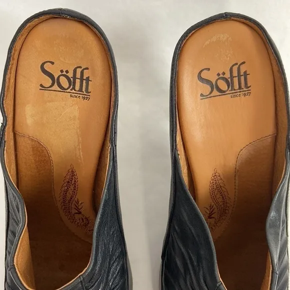Sofft Leather Ruched Black Slip On Mules Closed Toe Heels Open Back Pumps