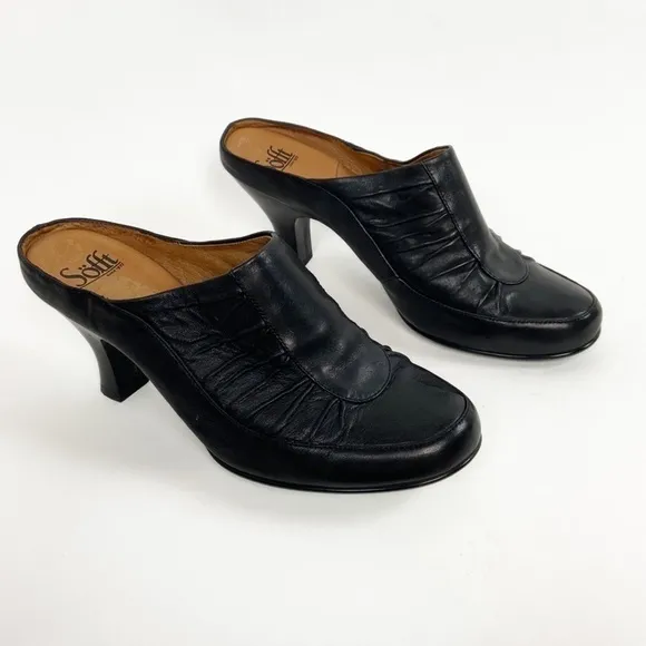 Sofft Leather Ruched Black Slip On Mules Closed Toe Heels Open Back Pumps