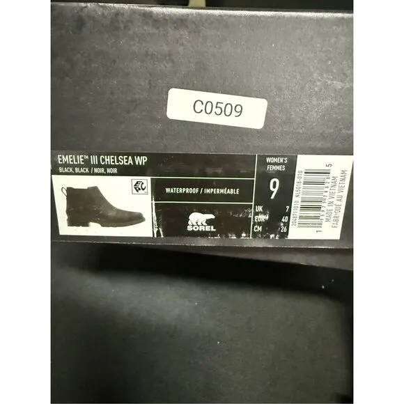 Sorel Emilie III Waterproof Black Leather Chelsea Boots 9