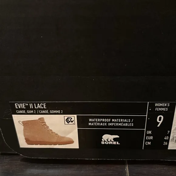 SOREL EVIE II LACE ANKLE SUEDE WATERPROOF BOOTS IN CANOE/GUM 2 SZ 9 NEW IN BOX