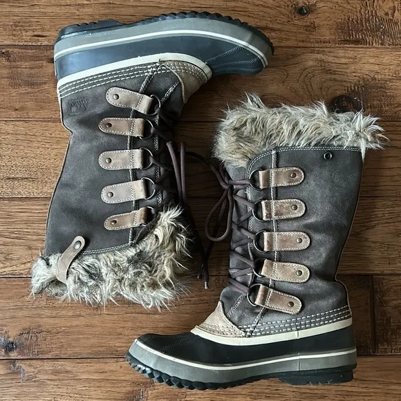 Sorel Joan Of Arctic Waterproof Winter Snow Boots Brown Faux Fur Womens Size 7