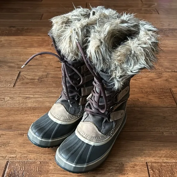 Sorel Joan Of Arctic Waterproof Winter Snow Boots Brown Faux Fur Womens Size 7