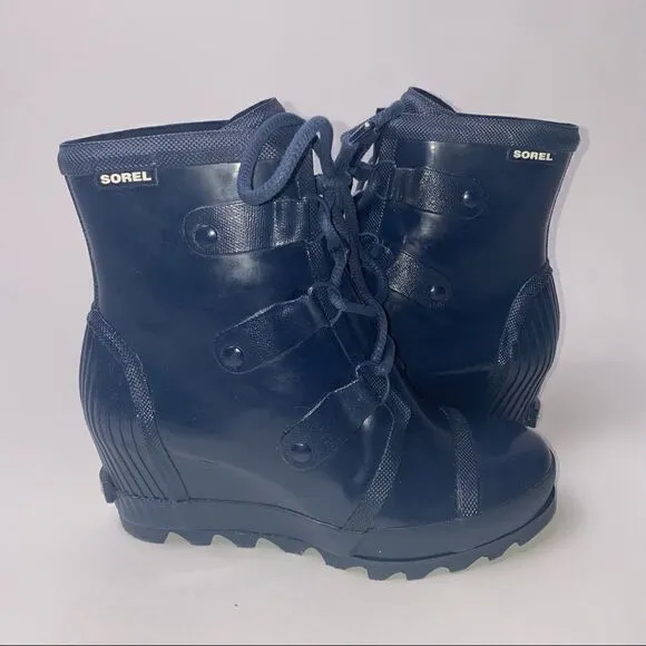 Sorel Joan of Arctic Rain Wedge Rain Boots Waterproof Navy Blue Rubber 8