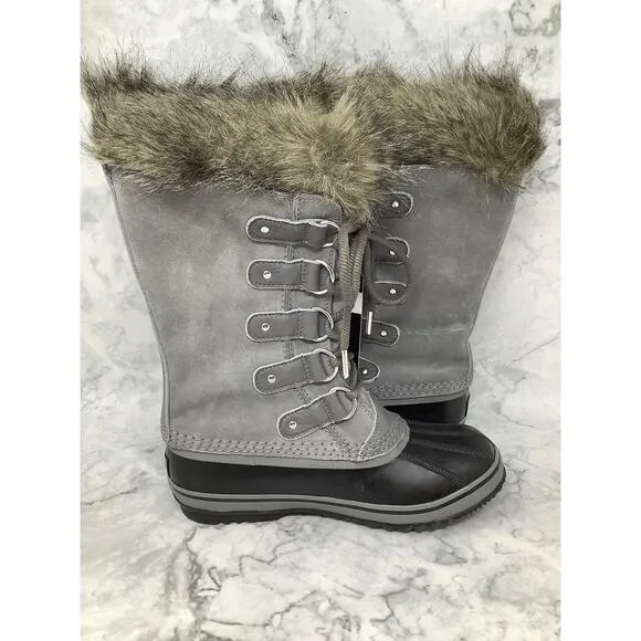 Sorel Size 7.5 Gray Joan of Arctic Boots Waterproof Suede Faux Fur Lace Up OS5-1