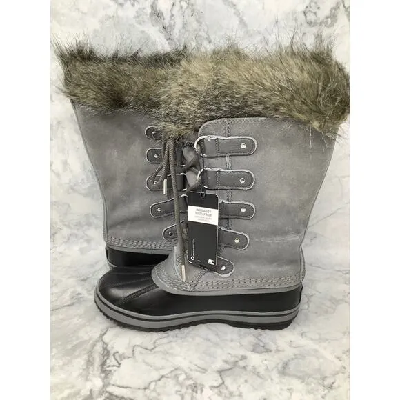 Sorel Size 7.5 Gray Joan of Arctic Boots Waterproof Suede Faux Fur Lace Up OS5-1
