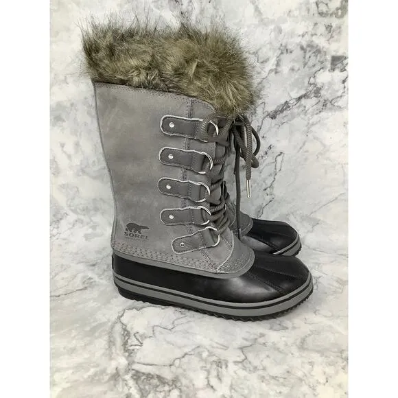 Sorel Size 7.5 Gray Joan of Arctic Boots Waterproof Suede Faux Fur Lace Up OS5-1