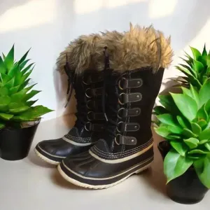 Sorel Womens Boots Size 7 Black Faux Fur Winter Waterproof Snow
