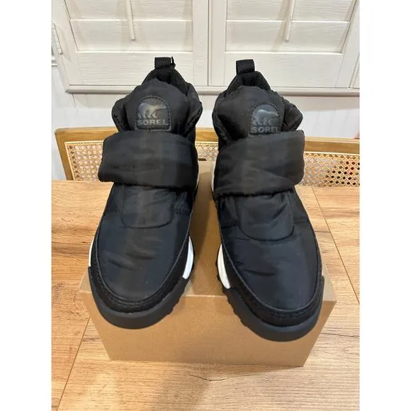 Sorel Women's Ona RMX Waterproof Puffy Strap Bootie Black White Size 8 NWOB