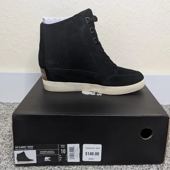 Sorel* Women's Out N About Lace-Up Waterproof Material Black Wedge Boot~ US 10