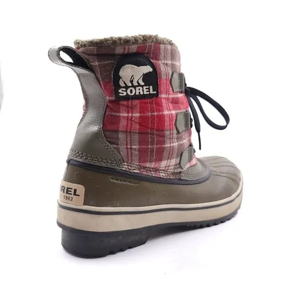 Sorel Tivoli Plaid Womens Size 9 Red Brown Waterproof Winter Boots 1549 316