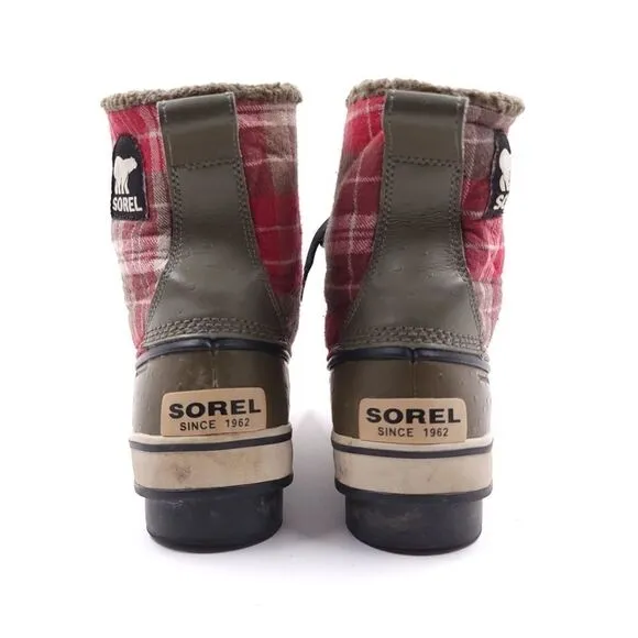 Sorel Tivoli Plaid Womens Size 9 Red Brown Waterproof Winter Boots 1549 316