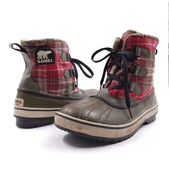 Sorel Tivoli Plaid Womens Size 9 Red Brown Waterproof Winter Boots 1549 316