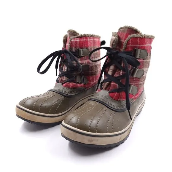 Sorel Tivoli Plaid Womens Size 9 Red Brown Waterproof Winter Boots 1549 316