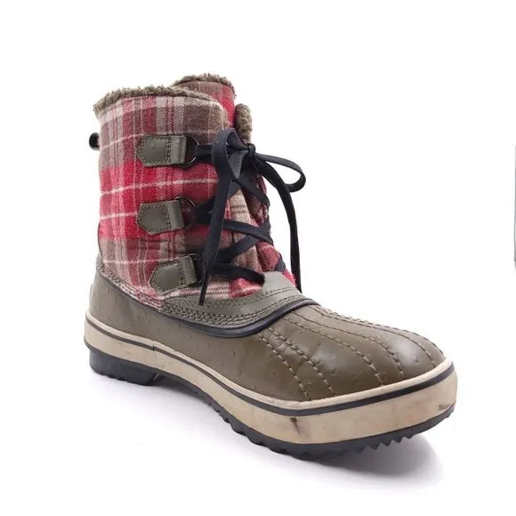 Sorel Tivoli Plaid Womens Size 9 Red Brown Waterproof Winter Boots 1549 316