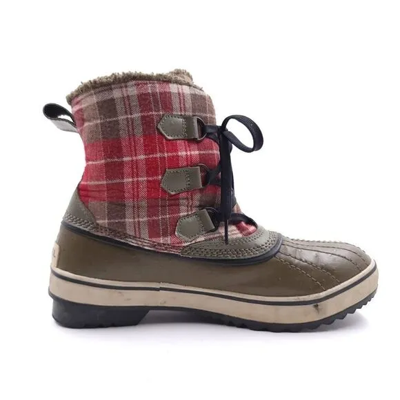 Sorel Tivoli Plaid Womens Size 9 Red Brown Waterproof Winter Boots 1549 316