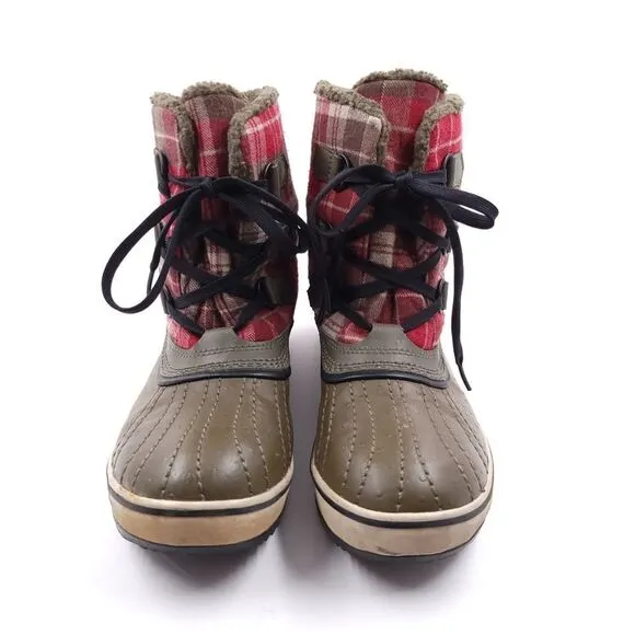 Sorel Tivoli Plaid Womens Size 9 Red Brown Waterproof Winter Boots 1549 316