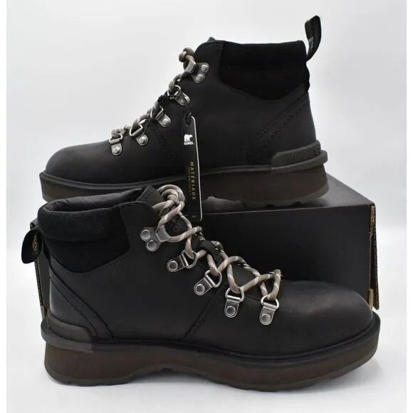 Sorel Womens Size 8.5 Hi Line Hiker Jet Black Waterproof Leather Lace Up Boots