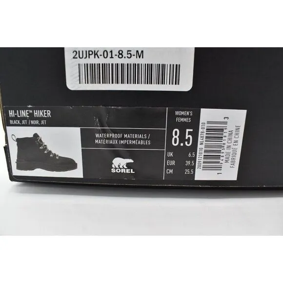 Sorel Womens Size 8.5 Hi Line Hiker Jet Black Waterproof Leather Lace Up Boots