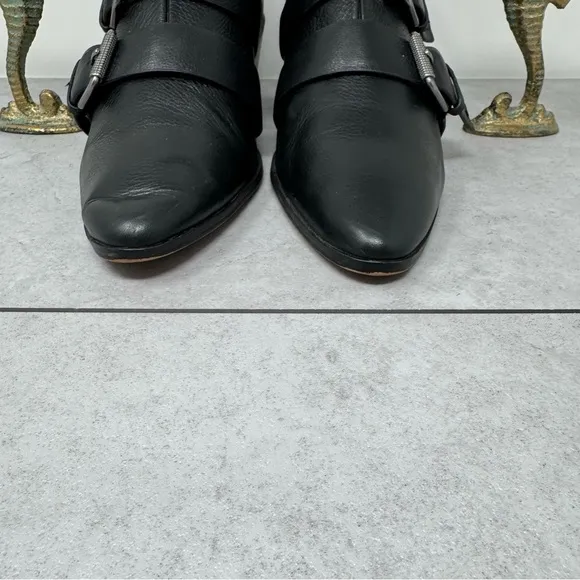 Splendid Pointed Leather Buckle Monk Strap Booties Black Block Heel Shoes 8.5