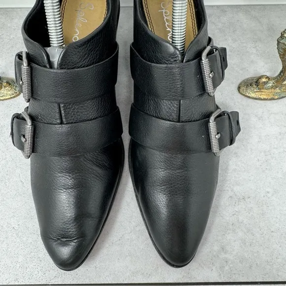 Splendid Pointed Leather Buckle Monk Strap Booties Black Block Heel Shoes 8.5