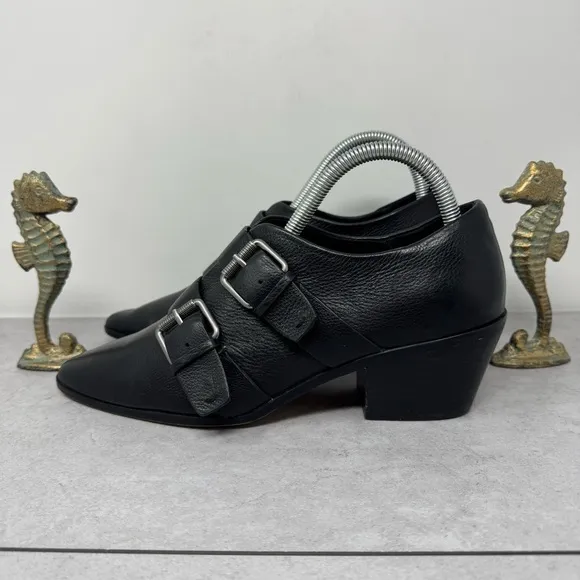 Splendid Pointed Leather Buckle Monk Strap Booties Black Block Heel Shoes 8.5