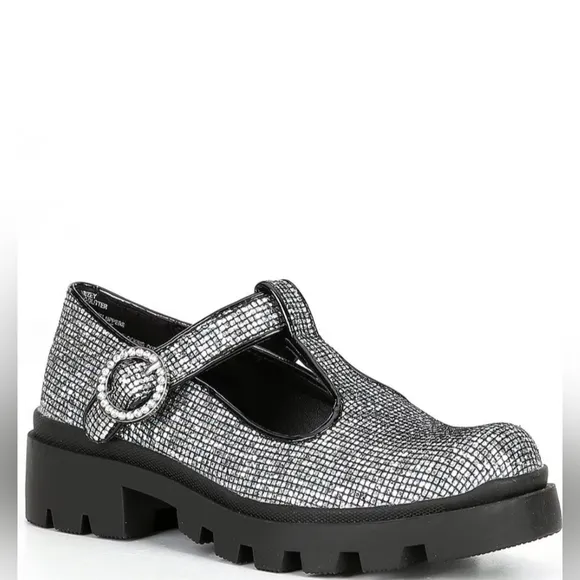 Steve Madden Girls' T-Suzey Glitter T-Strap Lug Sole Dress Shoes (Youth)