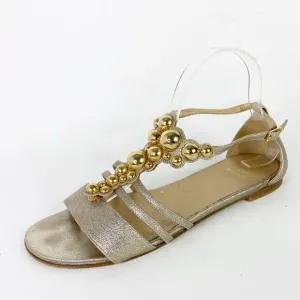 Stuart Weitzman Gold T Strap Beaded Sandals