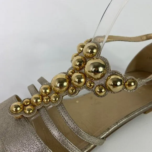 Stuart Weitzman Gold T Strap Beaded Sandals