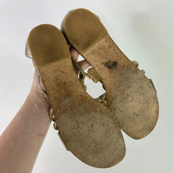 Stuart Weitzman Gold T Strap Beaded Sandals