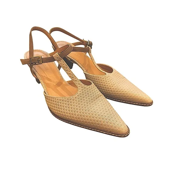 Sundance Taupe/Gray Leather Pointed Toe Stacked Heel T-Strap Shoes Size 40/9