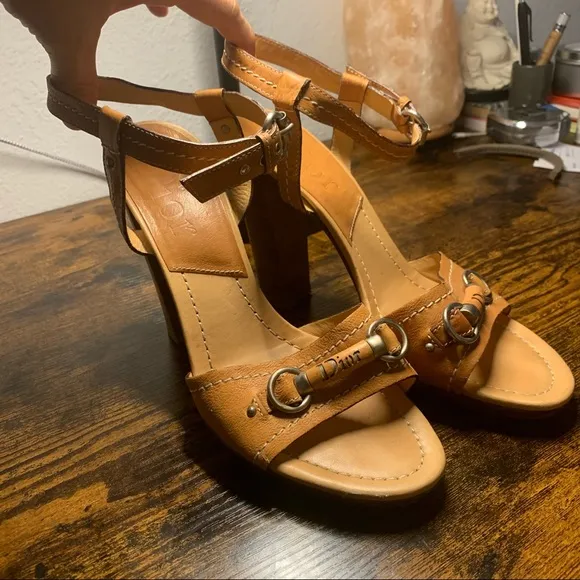 Tan Leather bit ankle strap wood heel
