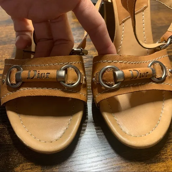 Tan Leather bit ankle strap wood heel