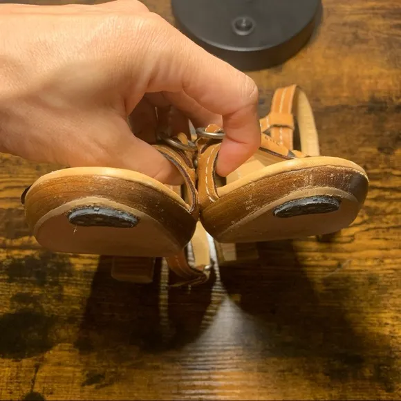 Tan Leather bit ankle strap wood heel