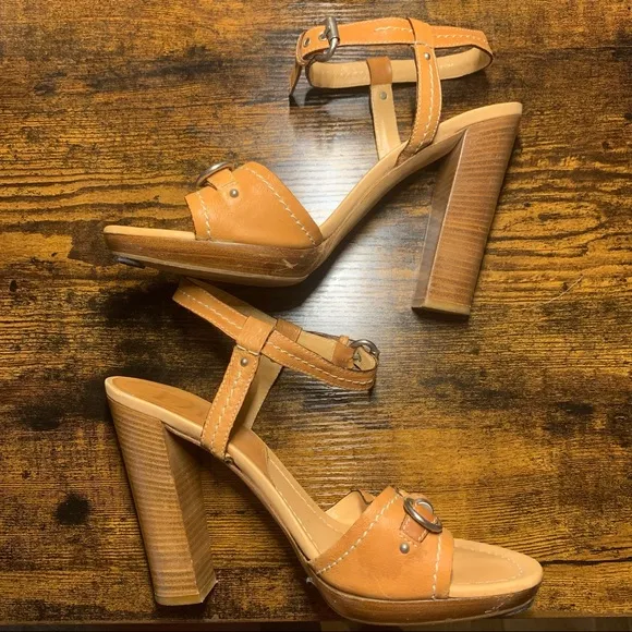 Tan Leather bit ankle strap wood heel