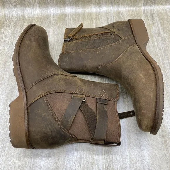 Teva Boots Womens 6.5 Ellery Ankle Brown Waterproof Leather Pecan Chelsea Zipper