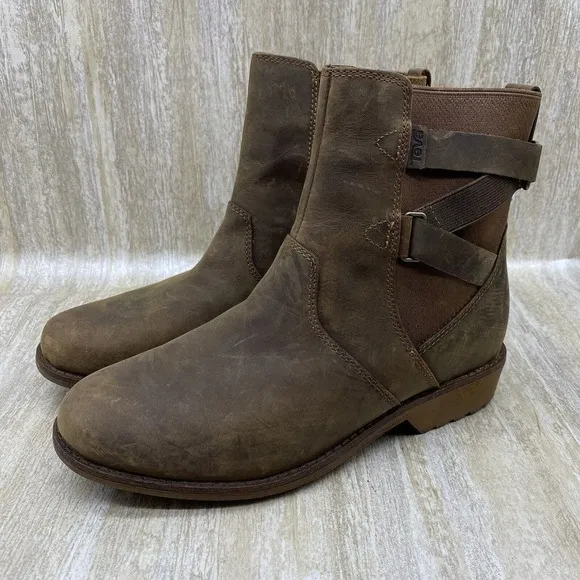 Teva Boots Womens 6.5 Ellery Ankle Brown Waterproof Leather Pecan Chelsea Zipper