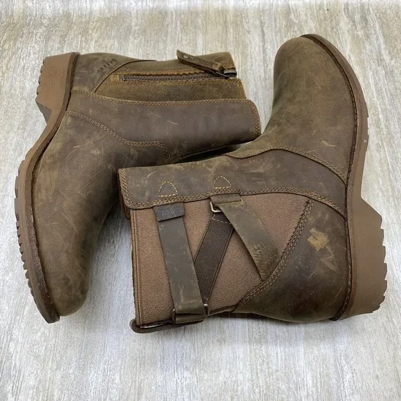 Teva Boots Womens 6.5 Ellery Ankle Brown Waterproof Leather Pecan Chelsea Zipper