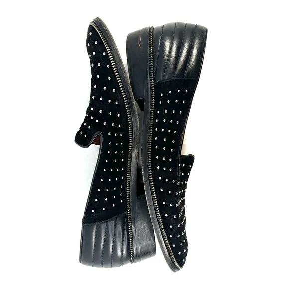 The Kooples Black Suede &amp; Leather Studded Zipper Trim Detail Loafers Size EU 40