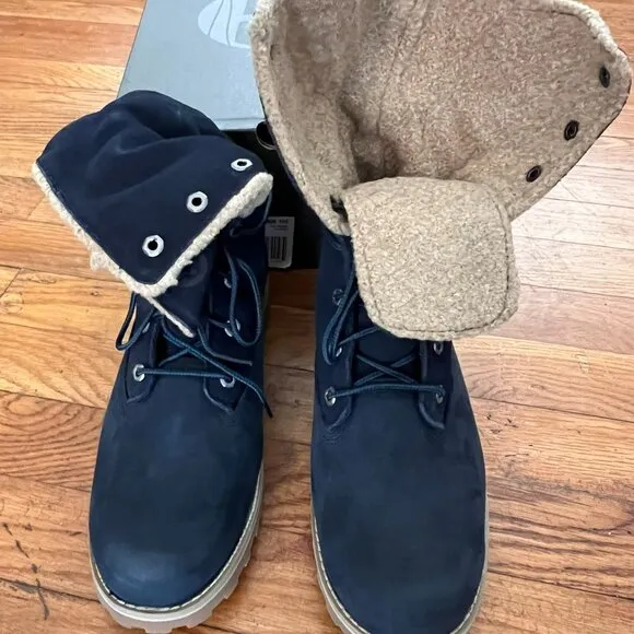 Timberland  6” Waterproof Shearling Roll Top Medium Blue Nubuck Boots-Szie 6